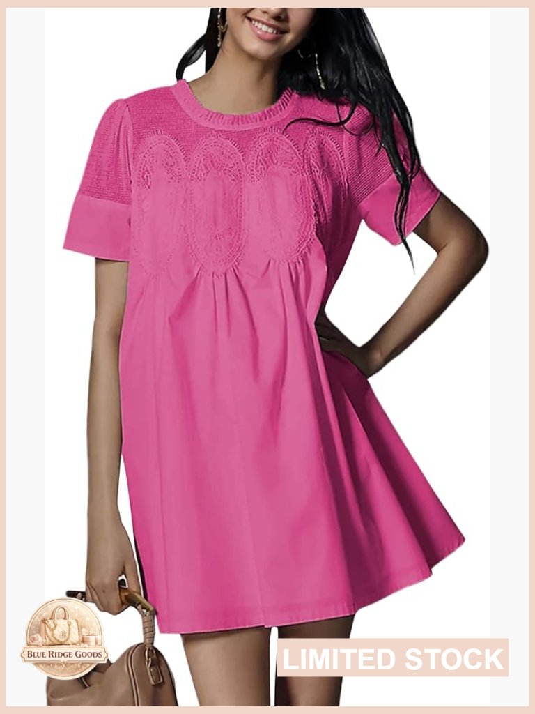 Lace Babydoll Dress Flared Sundress Short Sleeve Ruffled Collar Elegant Summer